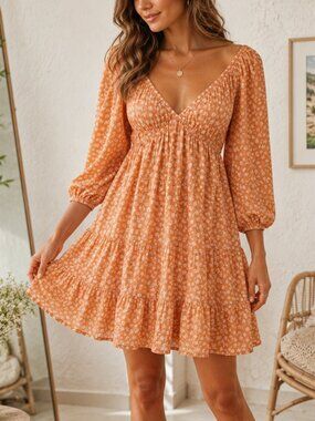 Peach Floral Babydoll Tiered Mini Dress Puff Sleeve M Romantic Boho Cottagecore